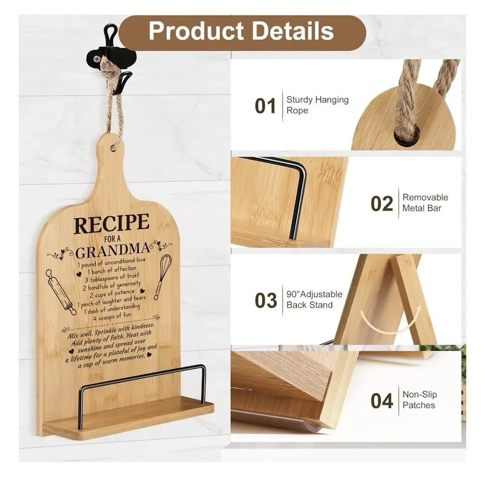 Grandma Gifts Cookbook Stand Bamboo Recipe Book Holder Kitchen Counter Non Slip